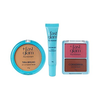Kit Ana Hickmann Fast Glam: Pó, Base 2 em 1 e Blush Rosado