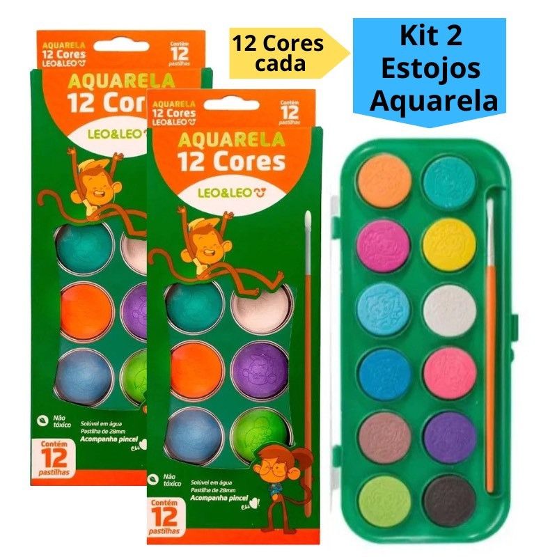 Kit Aquarela 2 Estojos 12 Cores + Pincel Infantil