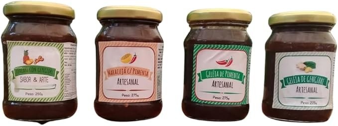 Kit Geleias Artesanais Sabor & Arte – 4 Sabores Exclusivos (Abacaxi com Gengibre, Maracujá com Pimenta, Gengibre, Pimenta) – Naturais e Sem Conservantes – 4 Potes