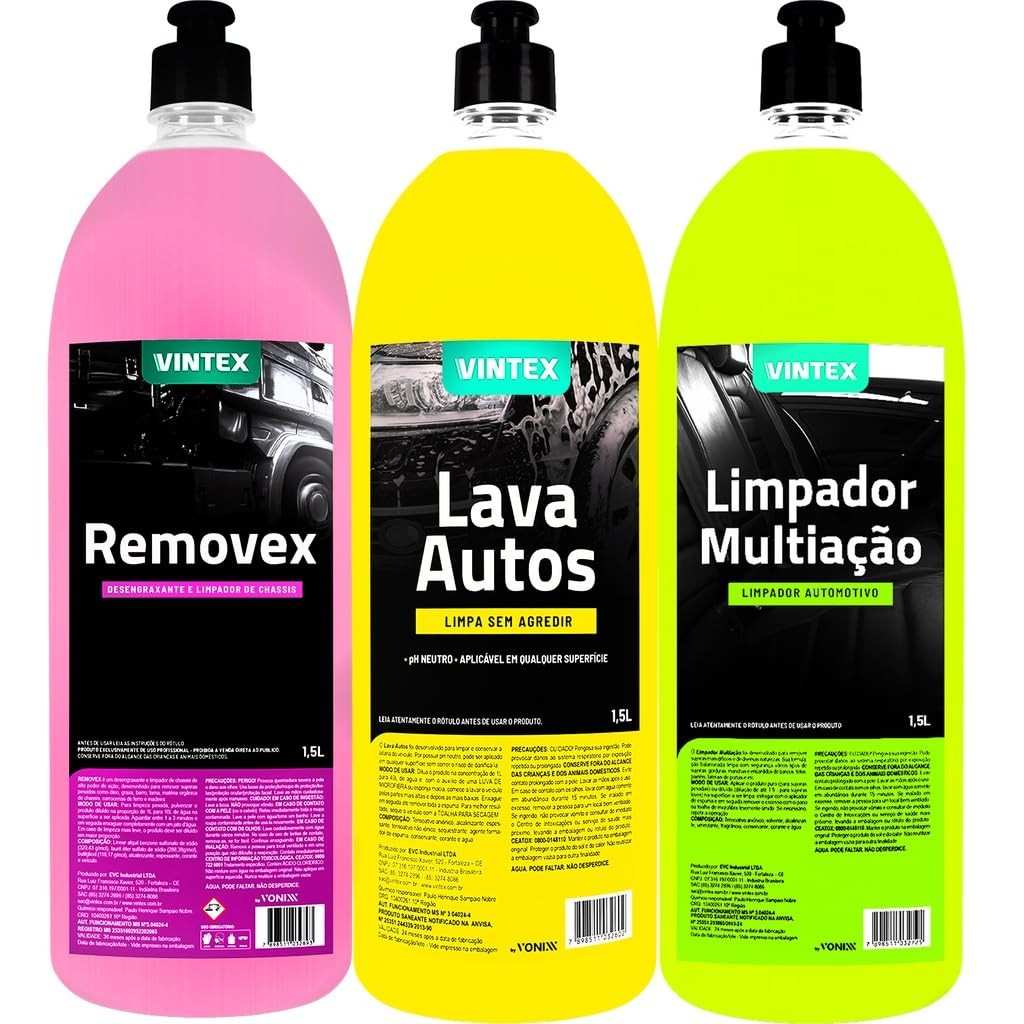 Kit Completo de Limpeza Automotiva Vintex: Desengraxante Removex + Shampoo Lava Autos + Limpador Multiação 1,5L Cada