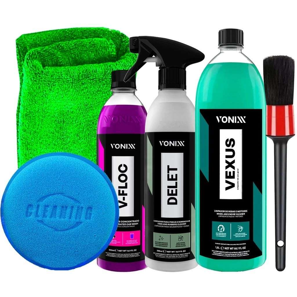 Kit Completo Vonixx: Limpeza Profissional para Estética Automotiva - V-Floc, Delet, Vexus e Acessórios Karbox