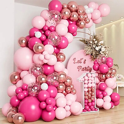 Kit Balões Festa: 125 Balões Pink, Rosa e Dourado