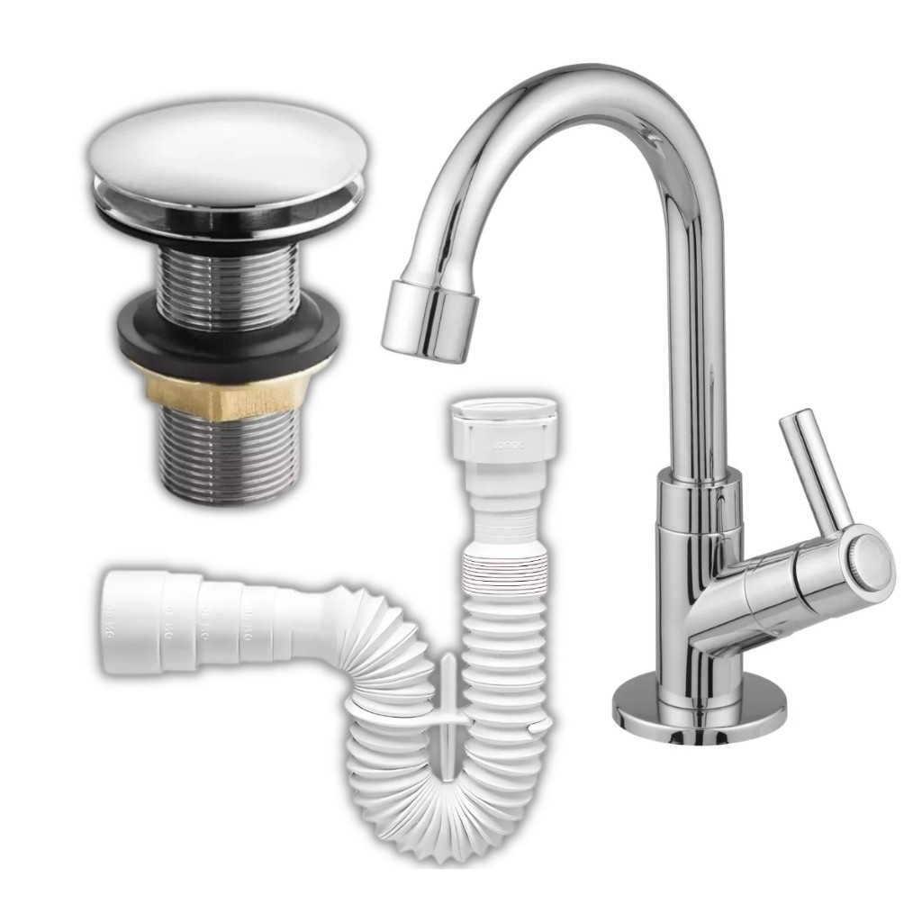 Kit Banheiro Completo em ABS: Torneira, Ralo e Sifão Cromado