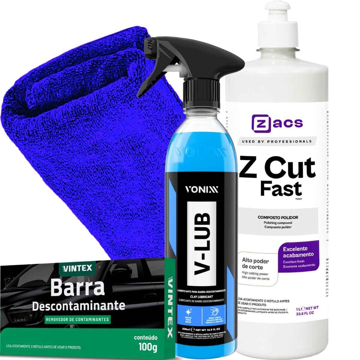 Kit Completo para Polimento Automotivo - Z-Cut Fast + V-Lub + Barra Descontaminante + Pano Premium