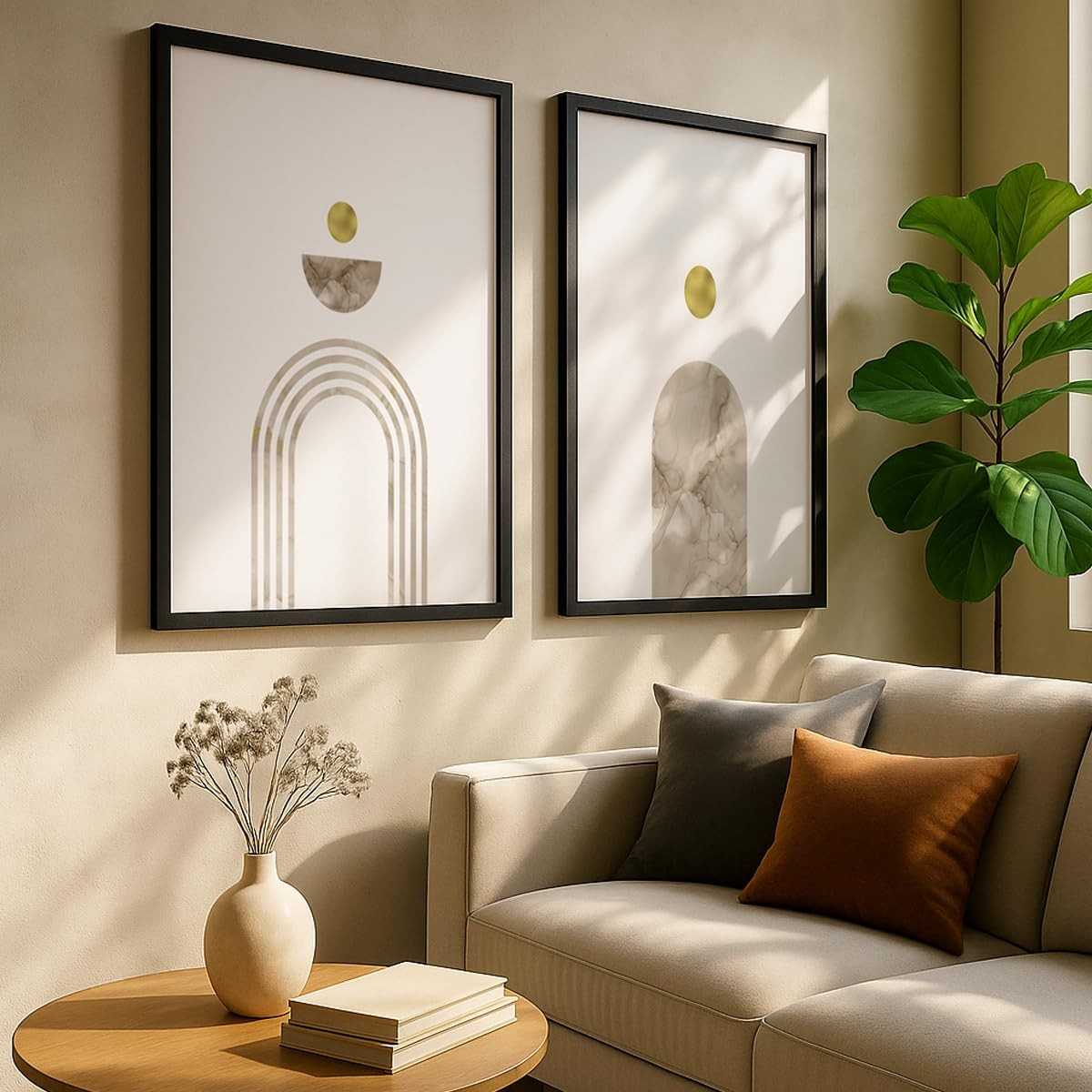 Kit 2 Quadros Decorativos Abstrato Geométrico Dourado Mármore Bege - Estilo Minimalista Moderno com Moldura