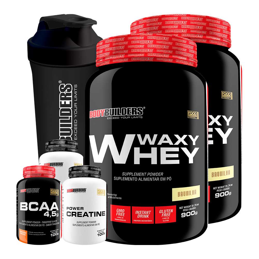 Kit Bodybuilding: Whey, BCAA, Creatina + Coqueteleira