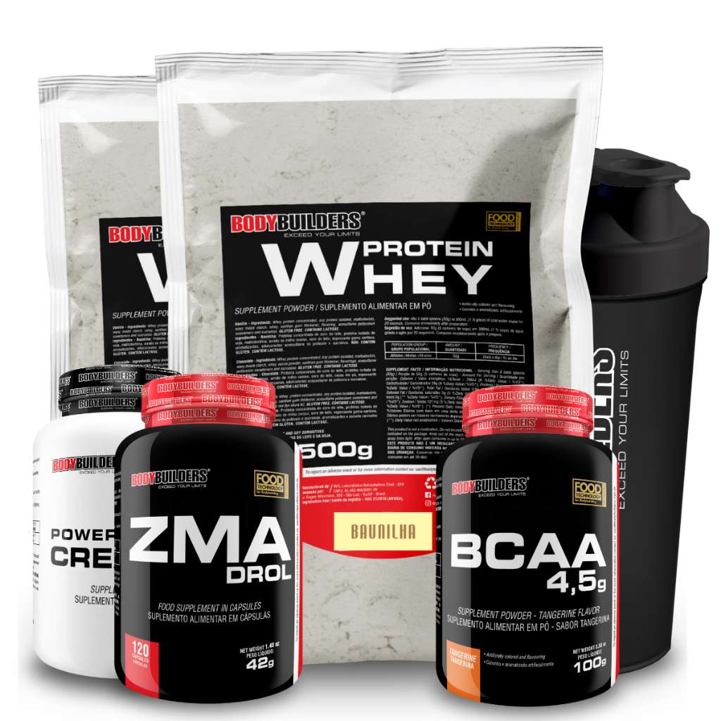 Kit Bodybuilding: Whey, Creatina, BCAA e ZMA