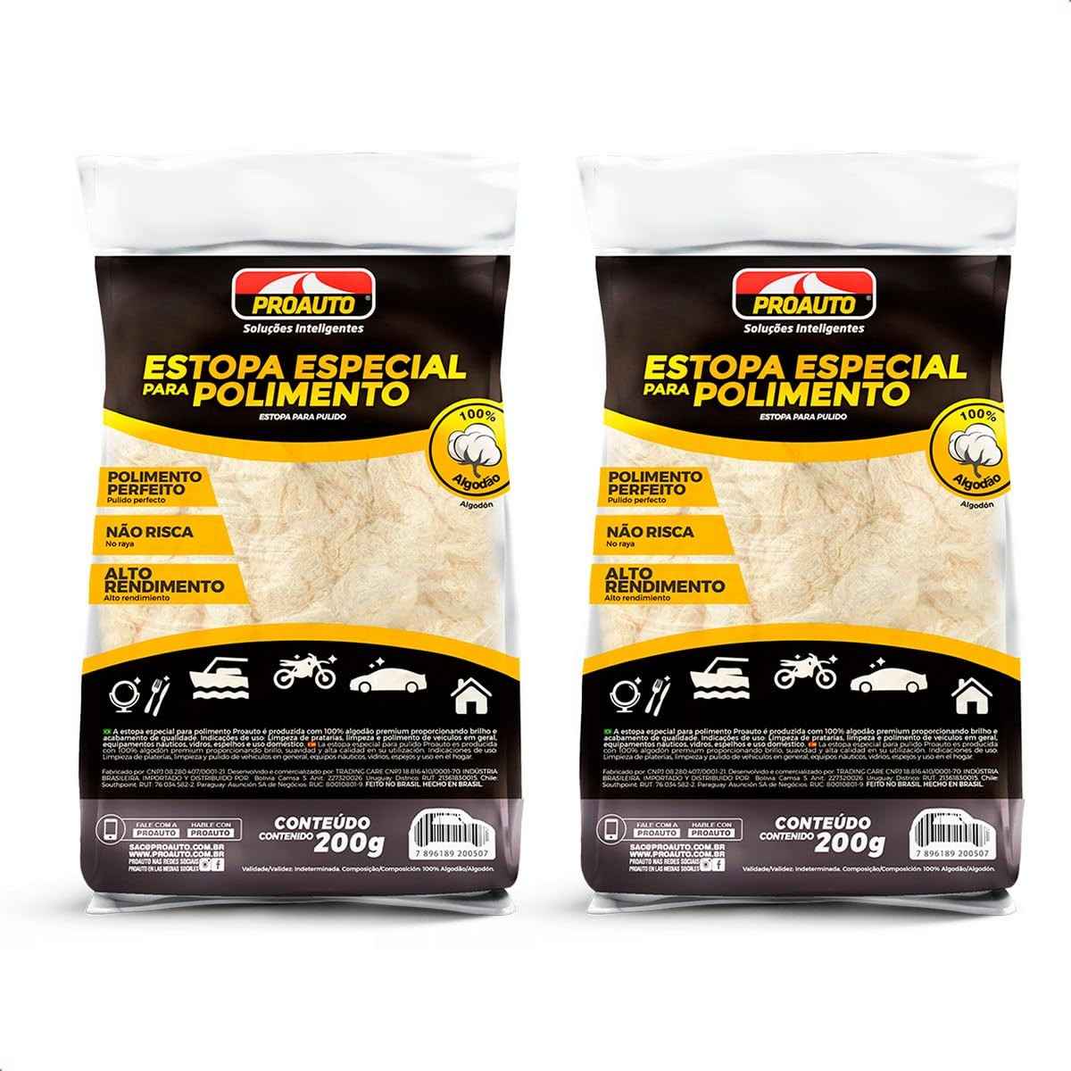 KIT 2 Estopas Especial para Polimento em Algodão Branco Proauto 200g - Alta Performance