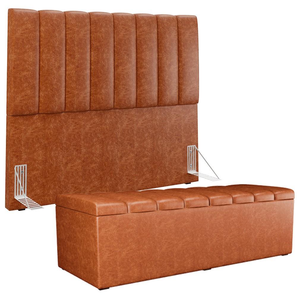 Kit Cabeceira e Baú Recamier Casal 140cm Camel