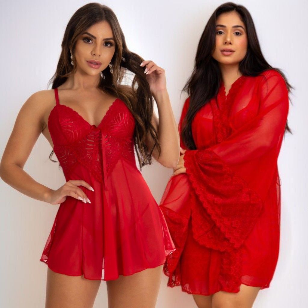 Kit Camisola e Robe Sensual em Renda e Tule: Elegância e Conforto para Noites Especiais