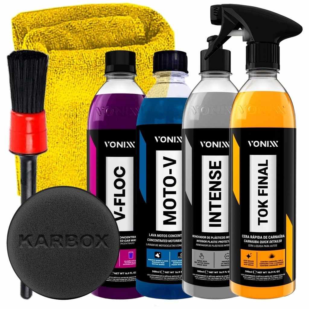 Kit Completo Vonixx para Detalhamento de Motos e Carros: Intense, Moto-V, Tok Final, V-Floc + Acessórios Karbox