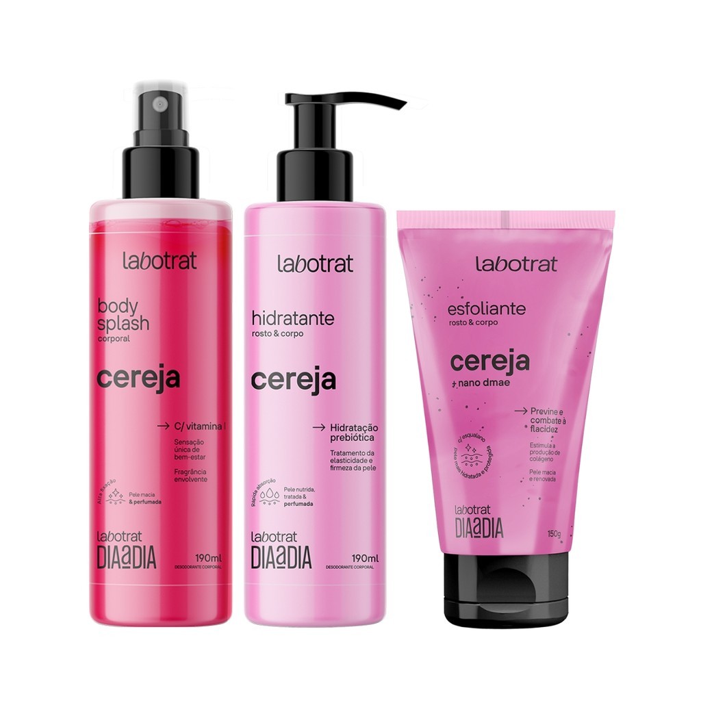 Kit Cereja Labotrat: Hidratação, Esfoliação e Perfume