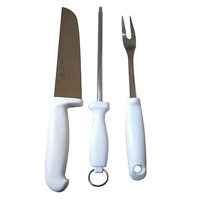 Kit Churrasco Inox: Faca, Garfo e Chaira Profissional