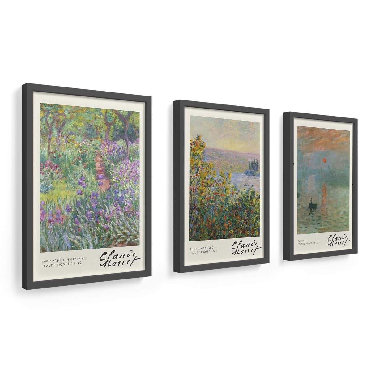 Kit 3 Quadros Claude Monet 18x24 cm - Moldura em Madeira com Vidro - Coleção Exclusiva Impressionista