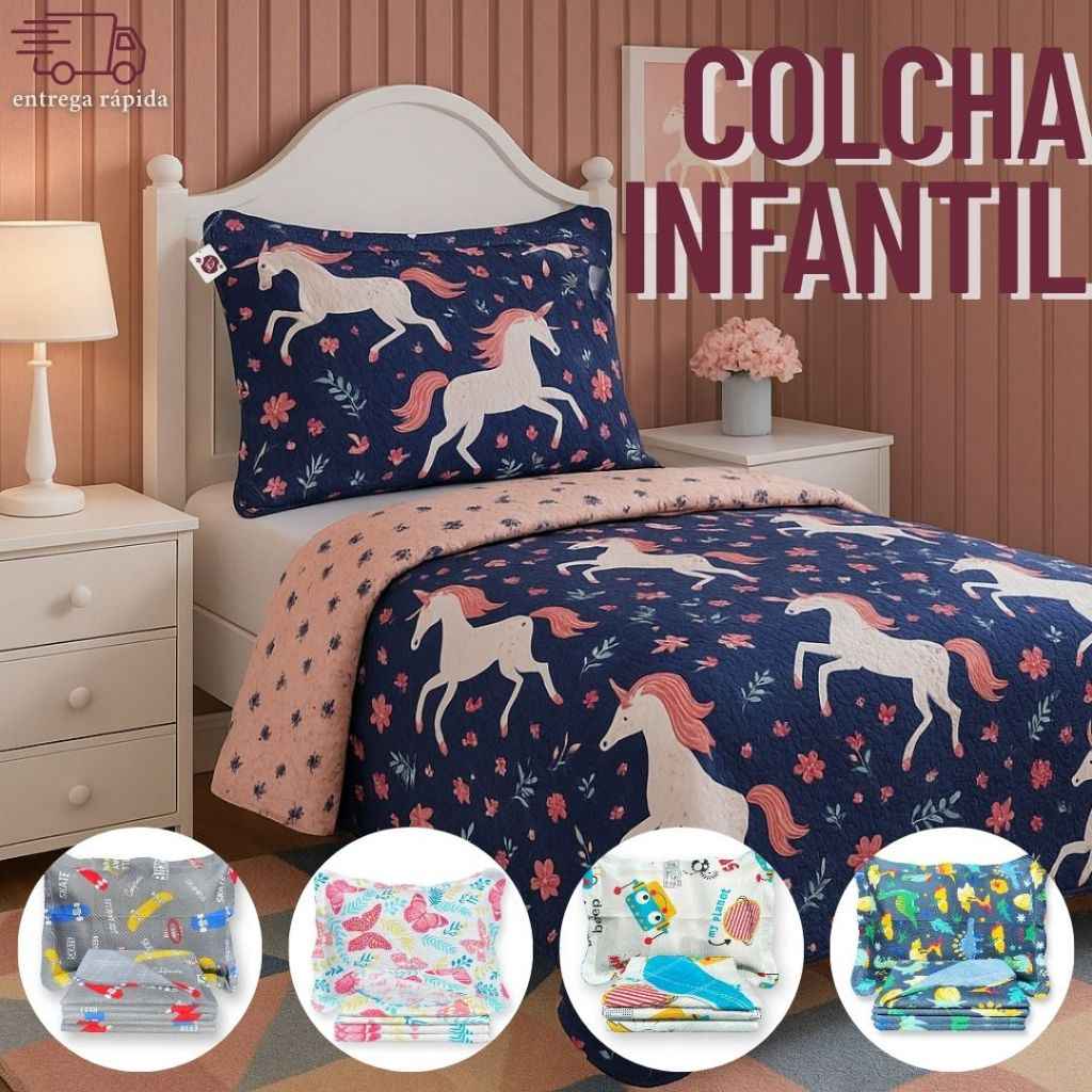 Kit Cobre Leito Solteiro 2 Peças: Colcha Dupla Face e Porta-Travesseiro Estampado