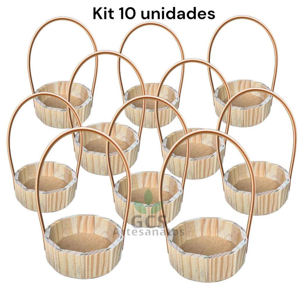 Kit com 10 Cestas de Madeira 16cm com Alça Sintética – Ideal para Presentes e Decoração