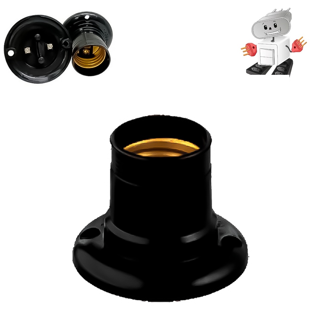 Kit com 12 Soquetes E-27 Pretos para Teto em PVC - Fixação Segura