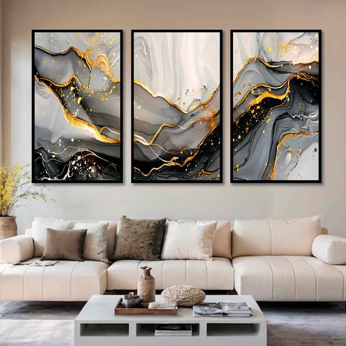 Kit com 3 Quadros Decorativos 30x50 cm Abstrato Marmorizado em Tons Marrom com Moldura Preta - Design Moderno para Sala, Quarto e Hall