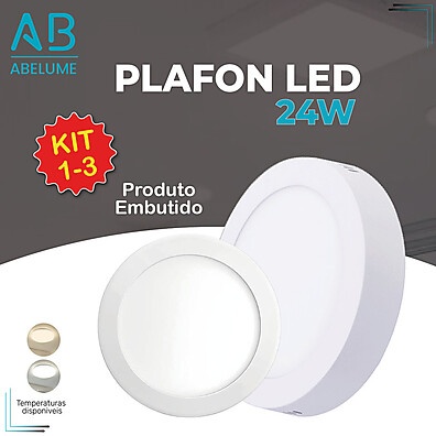 Kit com 3 Luminárias LED Redondas 24W Branco Quente e Neutro