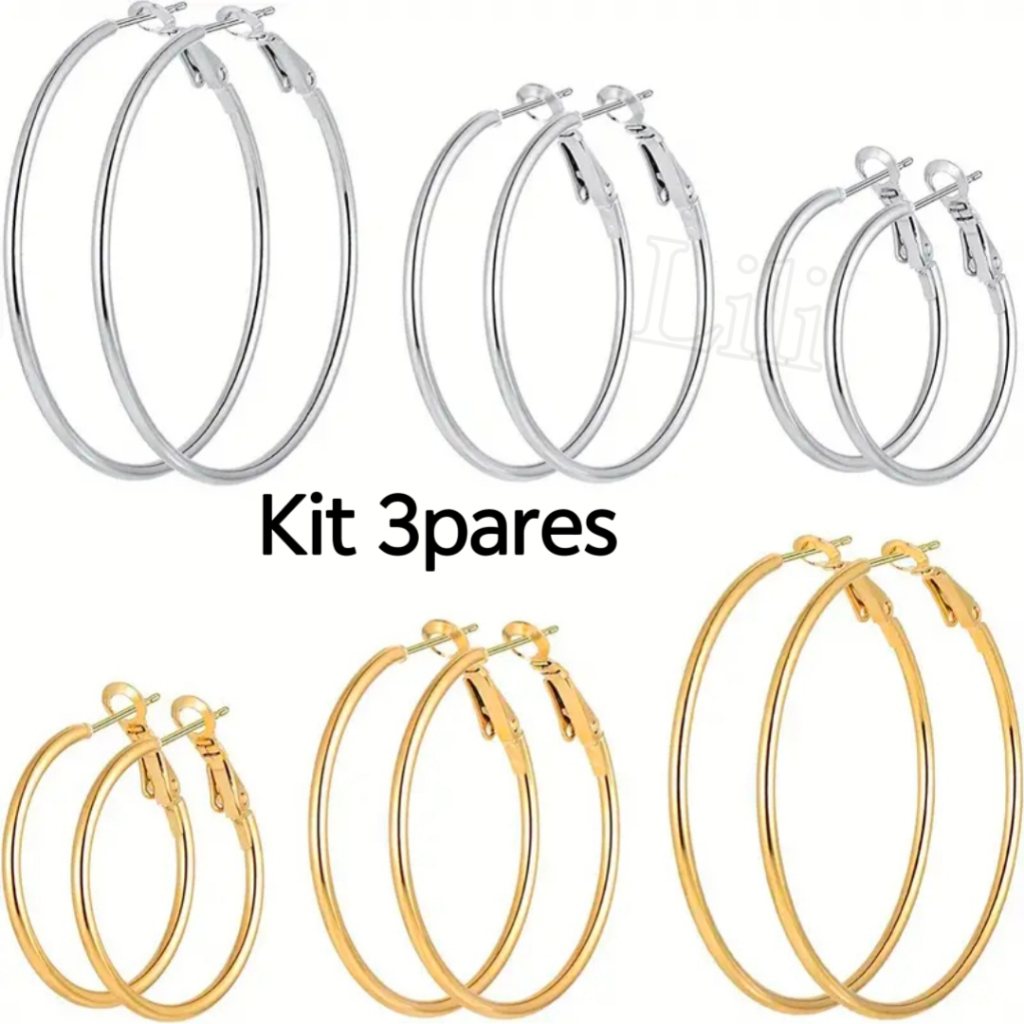 Kit com 3 Pares de Brincos de Argola Liso – Prata e Dourado