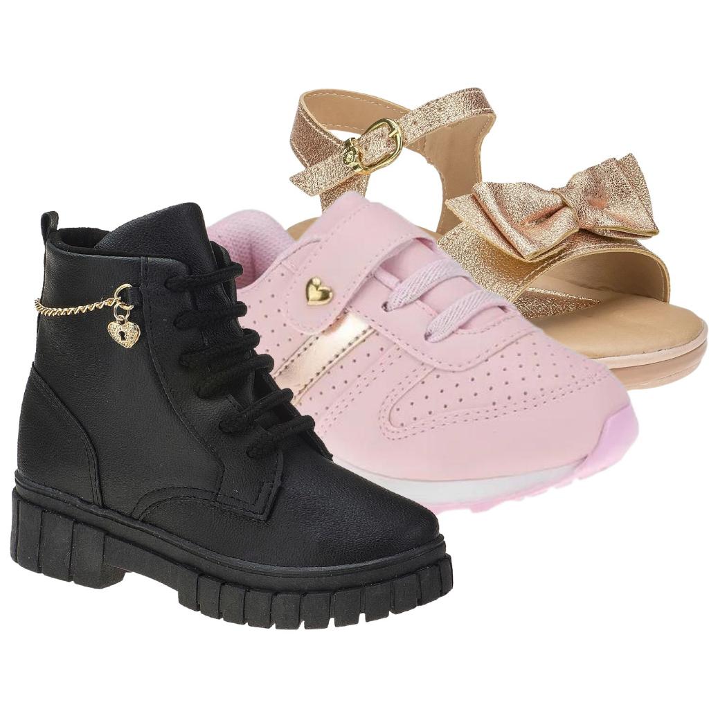 Kit com 3 Pares de Calçados Infantil Feminino: Tênis, Bota e Sandália