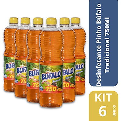 Kit com 6 Desinfetantes Pinho Búfalo Tradicional 750ml - Limpeza Poderosa