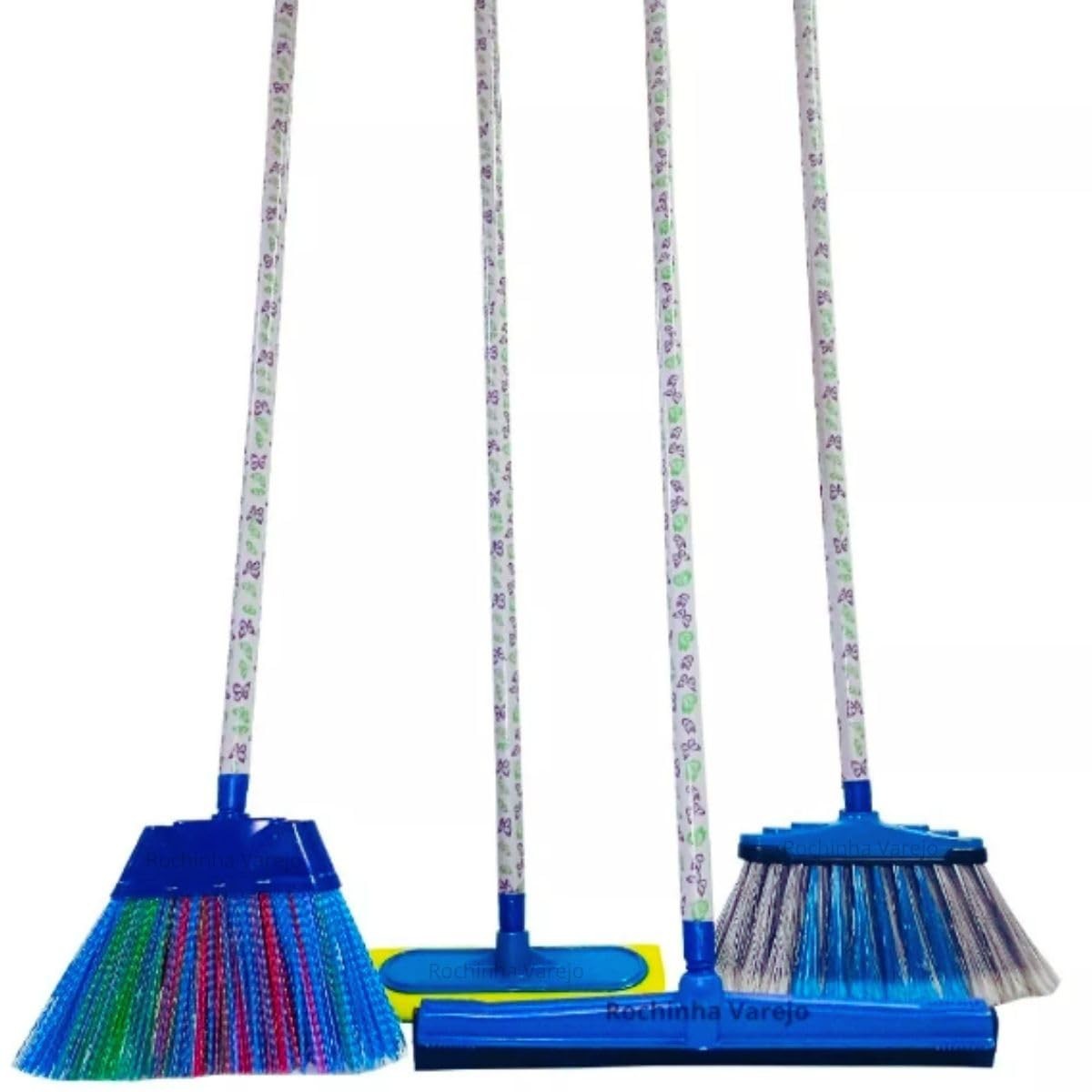 Kit Completo de Limpeza com 4 Itens: Vassoura Multiuso, Rodo Duplo, Lava Azulejo e Vassoura de Nylon com Cabo