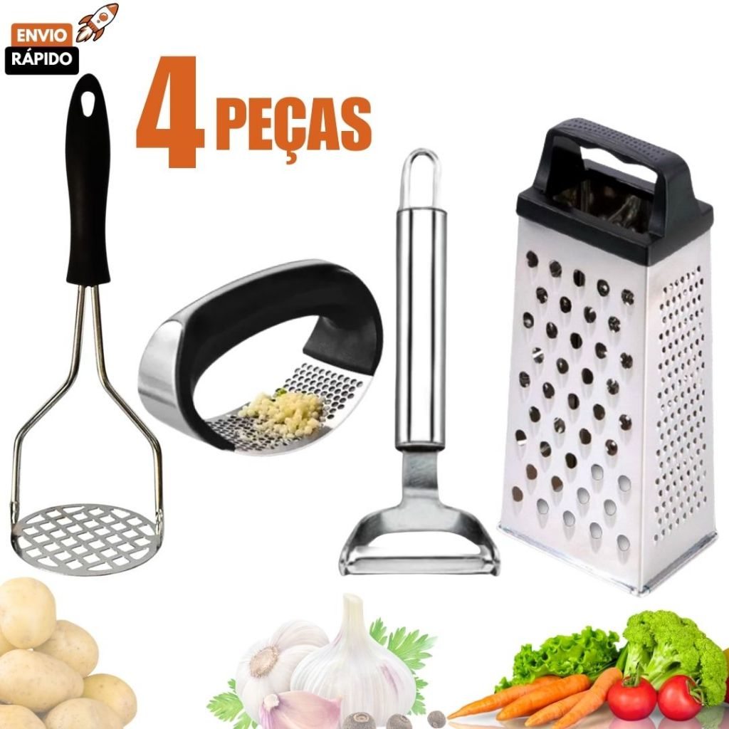 Kit Cozinha 4 Peças: Ralador, Amassador e Descascador Inox