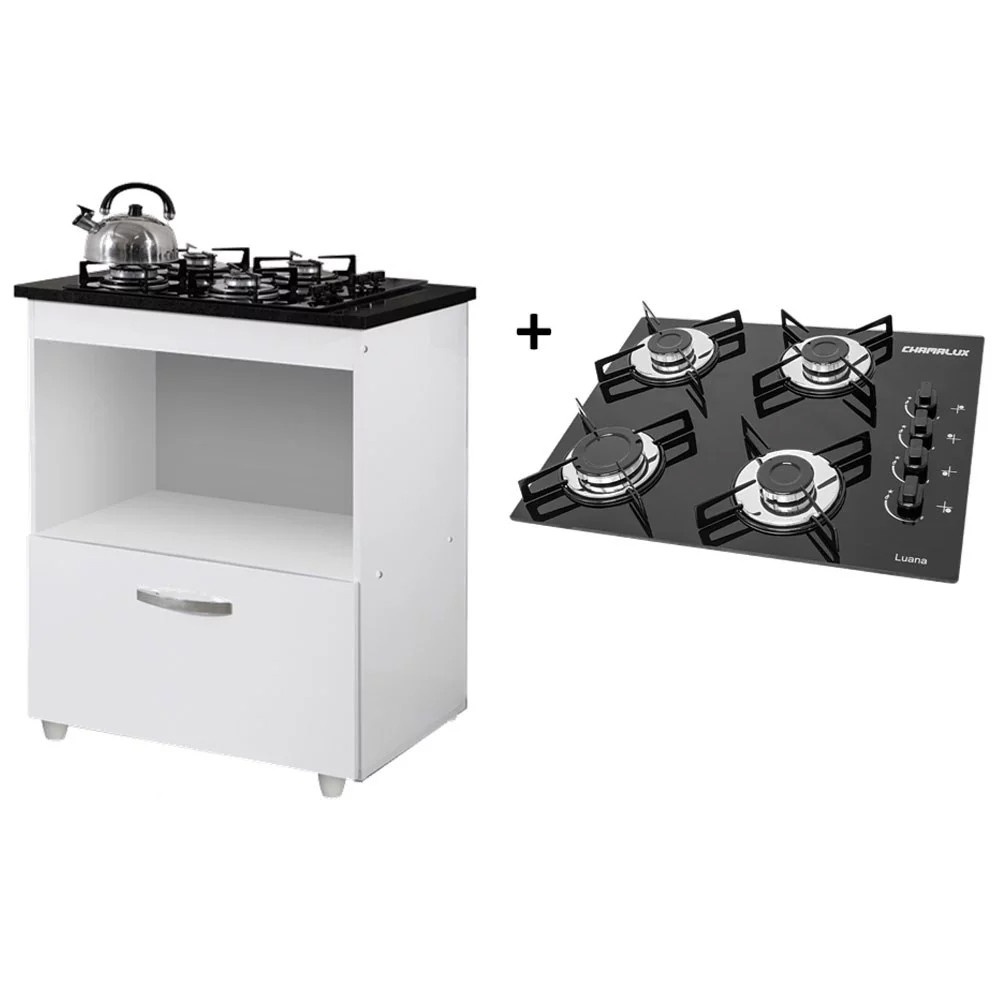 Kit Cozinha Cooktop: Balcão + Fogão 4 Bocas