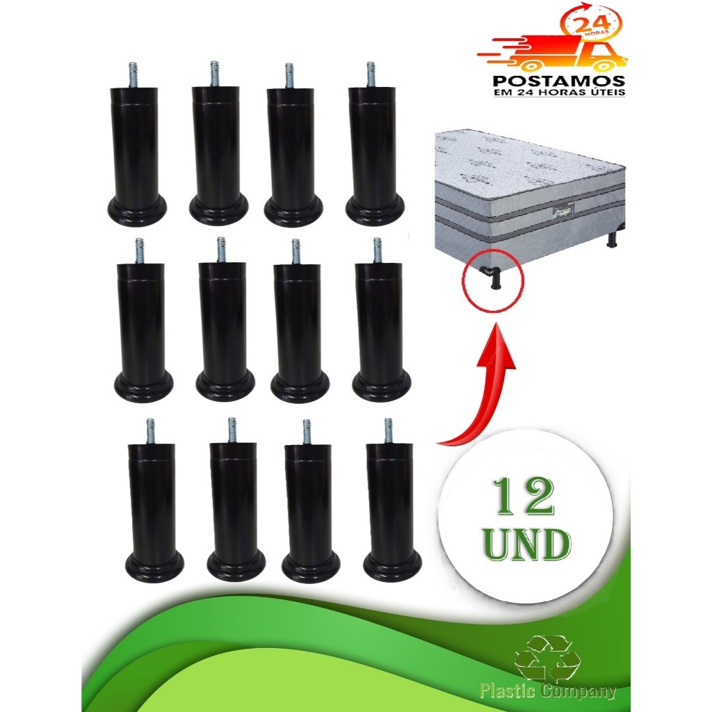 Kit de 12 Pés para Cama Box e Baú em Plástico Resistente 12cm