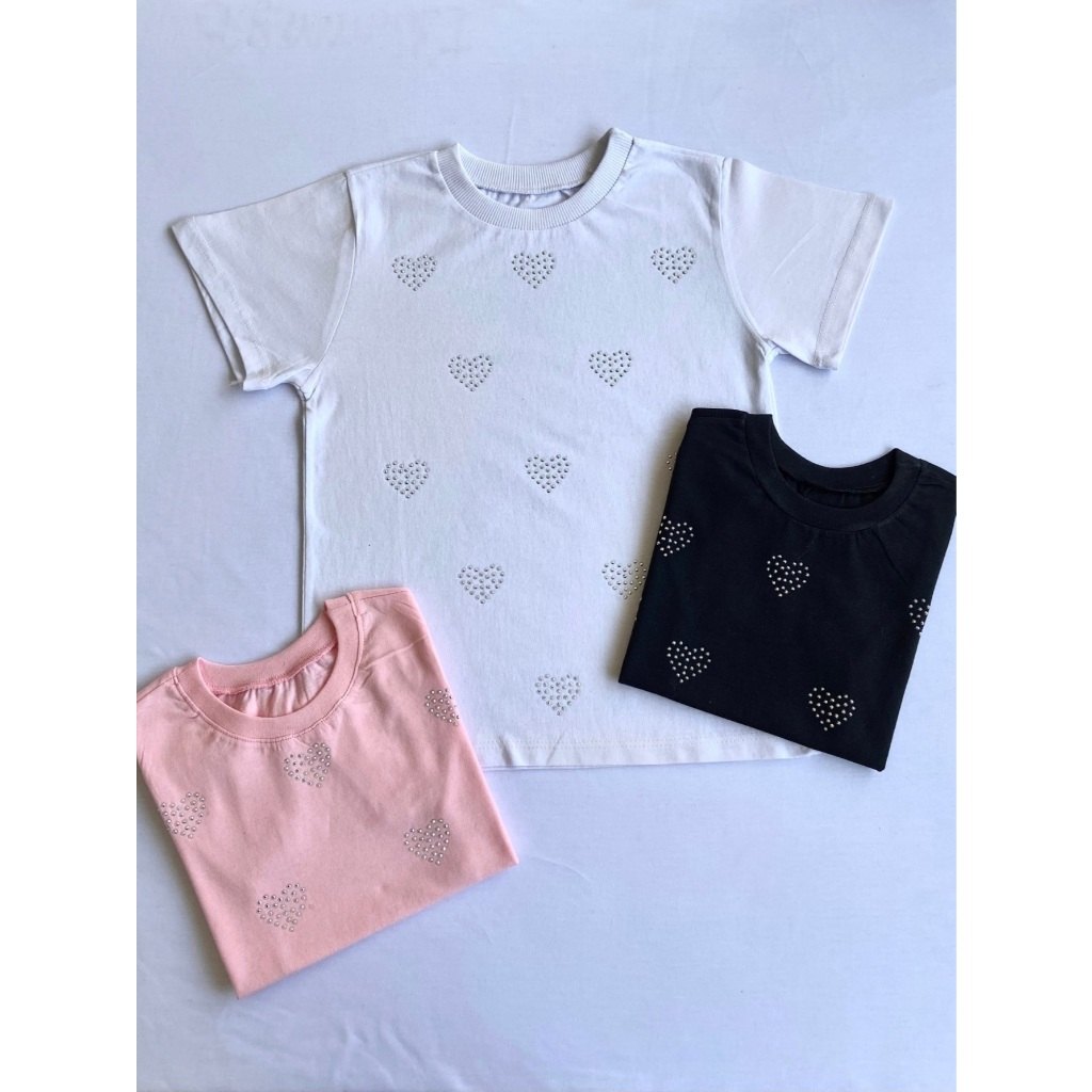 Kit de 3 Camisetas Infantil Menina Strass coração 100% Algodão