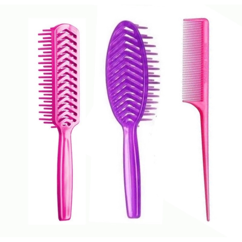 Kit de 3 Escovas para Cabelo: Oval, Reta e Pente Cabo Fino Sortidas