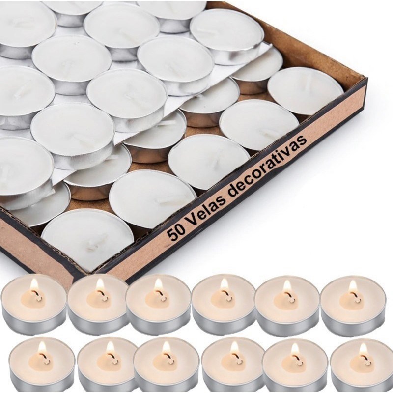 Kit de 50 Velas Rechaud com Suporte Alumínio para Decoração