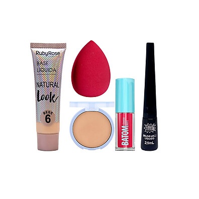 Kit de Maquiagem Completo: Base, Pó, Esponja, Delineador e Batom