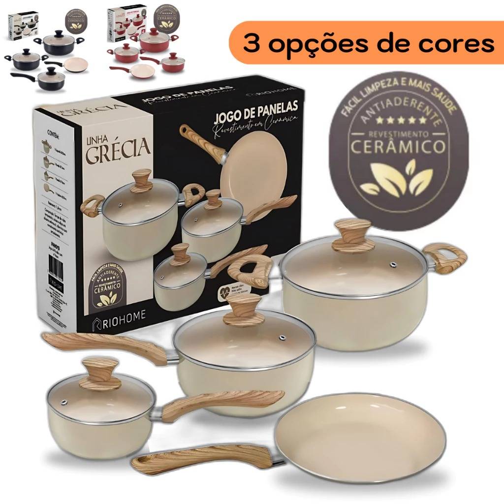 Kit de Panelas 4 Peças com Revestimento Cerâmico Creme – Cozinha Saudável e Estilosa