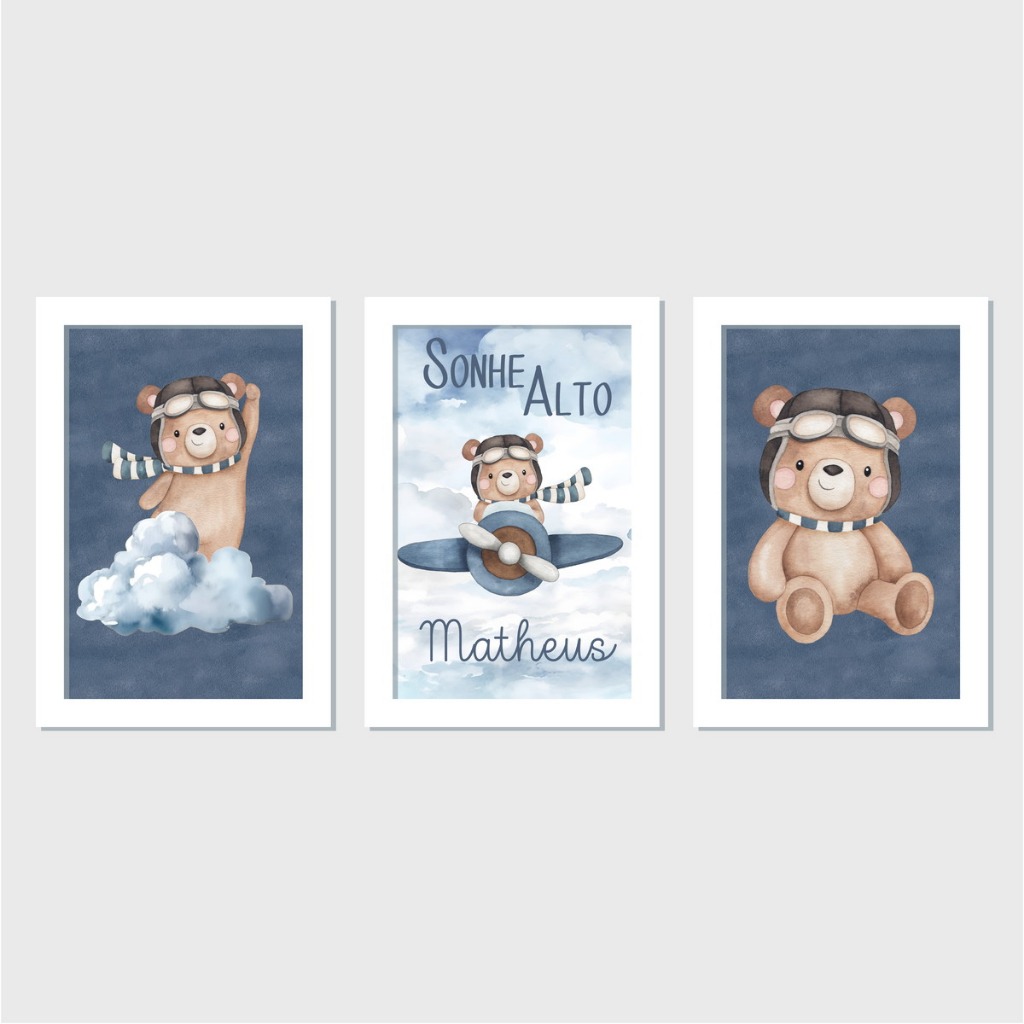 Kit de Quadros Personalizados Trio Urso, Nuvem e Avião para Quarto de Bebê