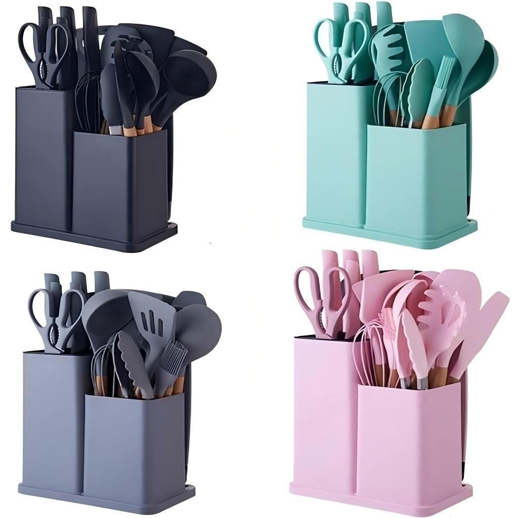 Kit de Utensílios de Cozinha 19 Peças: Silicone e Madeira para Cozinhar com Estilo