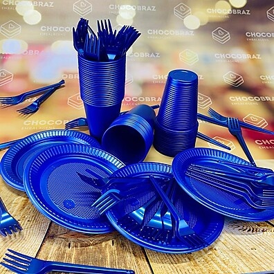 Kit Descartável 50 Pessoas: Azul Petróleo Perolado