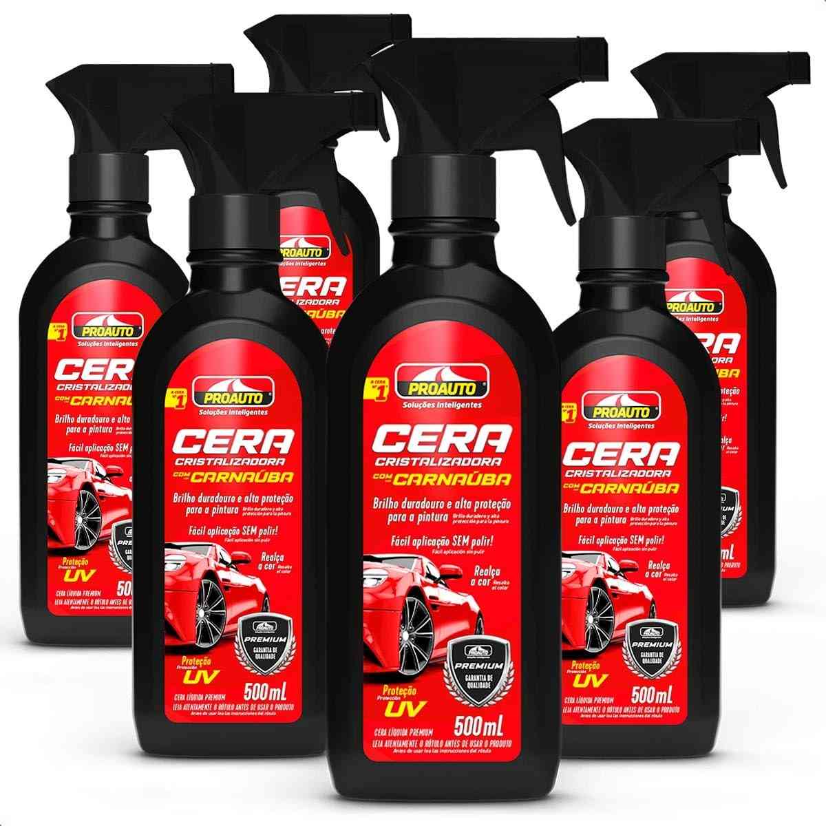 KIT 6 Ceras Cristalizadora Líquida com Carnaúba - Brilho Espelhado e Proteção UV para Carros