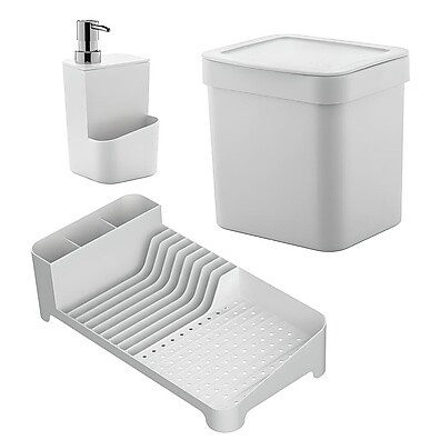 Kit Escorredor + Lixeira + Dispenser Branco – Cozinha Organizada