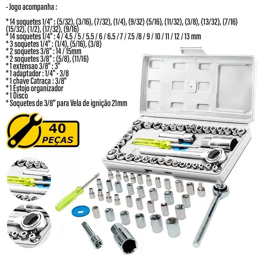 Kit Ferramentas 46 Pçs: Aço Carbono e Chave de Vela