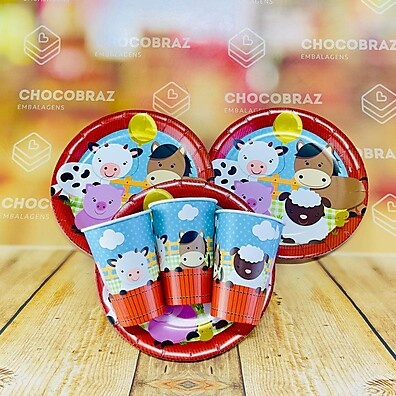 Kit Festa Fazendinha: 8 Pratos + 8 Copos 180ml em Papel