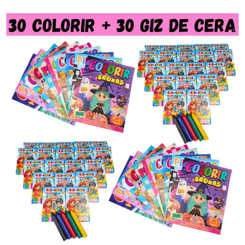 Kit Festa Lembrancinha: 30 Revistinhas + 30 Mini Gizes de Cera 5 Cores