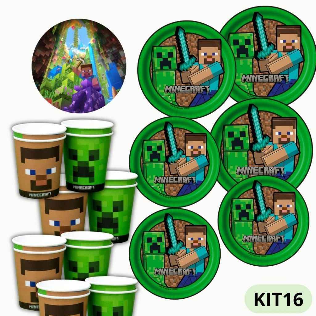 Kit Festa Minecraft: Pratos e Copos Descartáveis
