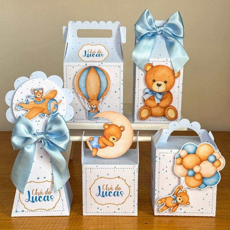 Kit Festa Personalizado Chá de Bebê Ursinho Azul – 30 Lembrancinhas Fofas e Únicas