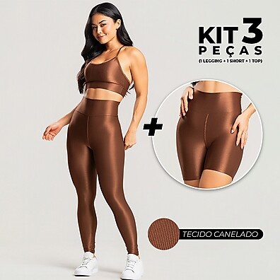 Kit Fitness 3 Peças: Legging, Short e Top Canelado