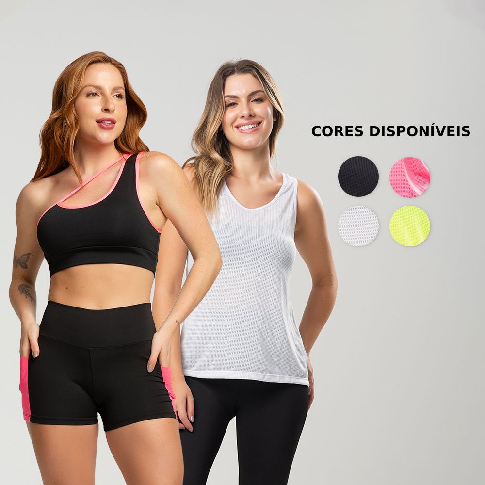 Kit Fitness Feminino: Top, Short e Camiseta Dry