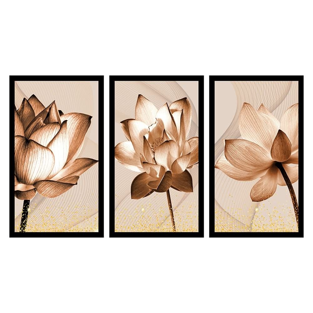 Kit 3 Quadros Decorativos Grandes com Moldura - Flores em Tons de Cobre e Dourado | Decore com Elegância e Charme