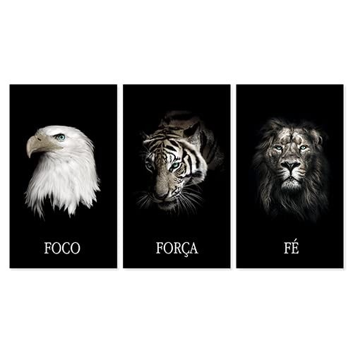 Kit 3 Quadros Decorativos Grandes com Moldura - Motivação, Foco, Força e Fé | Animais Selvagens