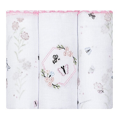 Kit Fralda Papi Bordado Floral e Borboleta - 3 Peças